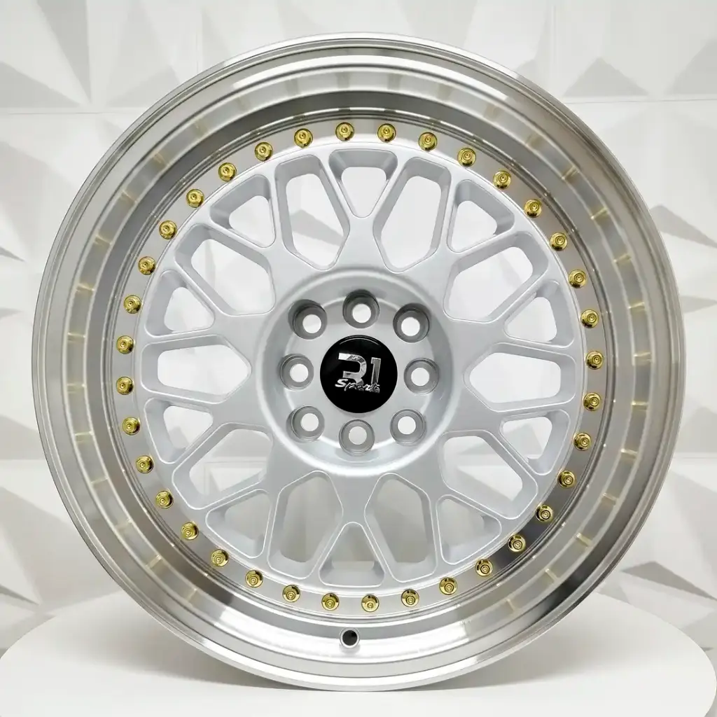 RIN 17X8 4-100/114.3 R1 SPORT 1001 SILVER MI GOLD RIVETS ET25 CB73.1